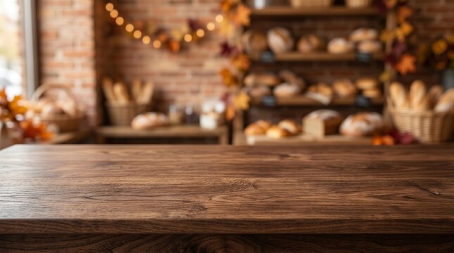 A dark wooden table top in the foreground with a blurred bakery background featuring fresh bread, brick walls, and warm autumn decorations.