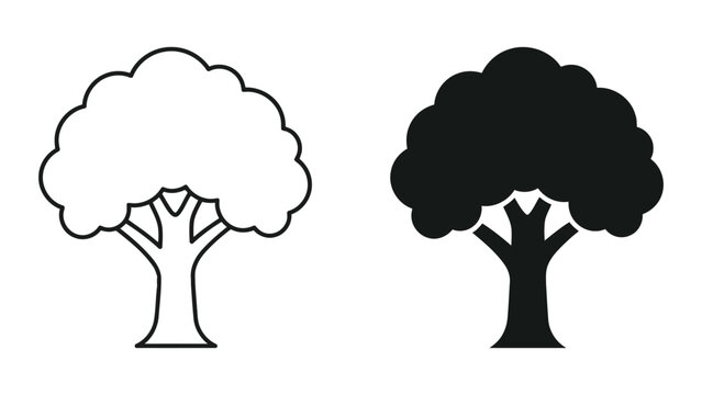 Deciduous tree icon set showing stylized lush foliage and trunk in both thin outline and bold solid black vector art for environmental conservation or landscaping design projects and web interfaces