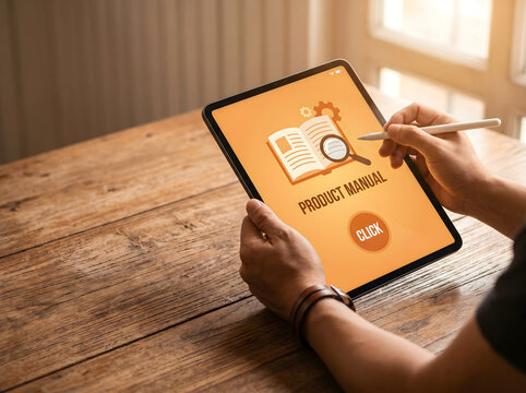 Person reading digital product manual and user guide on tablet screen, Online customer support and electronic instruction manual concept on digital tablet.