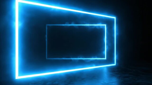 Blue neon rectangle shape glowing with smoke effect on a dark floor cinematic motion.
