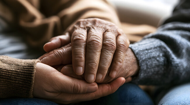 A caring attendant holding an elderly individual's hand, capturing a scene of comfort, warmth, human bonding, and heartfelt emotional support.