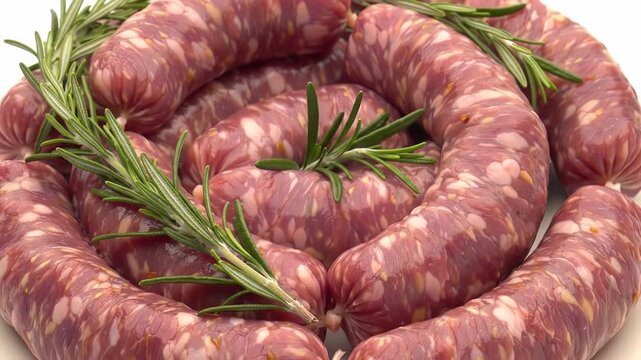 Raw seasoned pork sausages arranged in a spiral pattern and garnished with fresh green rosemary sprigs on a white background, macro view of uncooked artisan meat links for grilling.