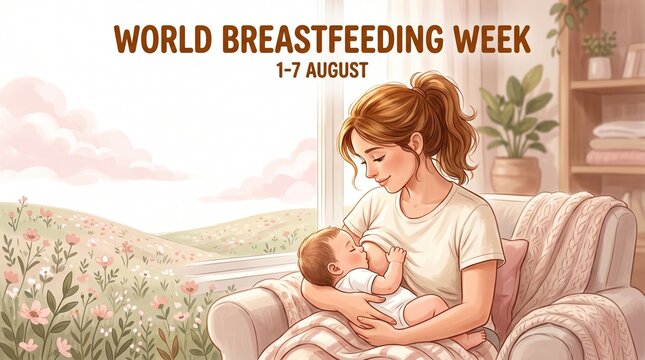 World breastfeeding week illustration of mother and baby