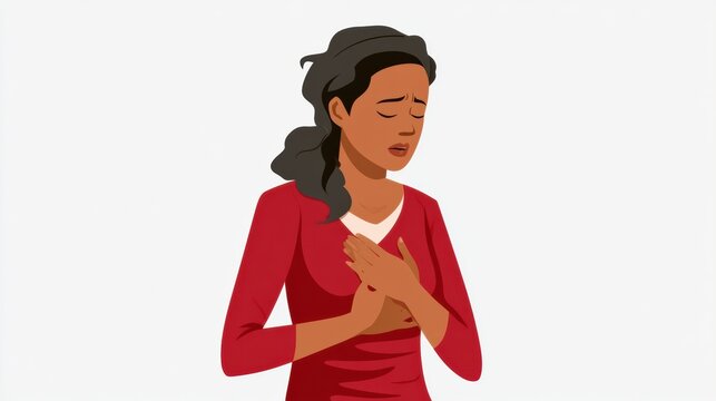 A woman stands or sits while holding her chest, showing signs of a heart attack in a style with a clean design and a limited color palette