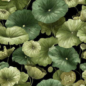 Seamless Dark Botanical Pattern with Green Lotus Leaves and Lily Pads on Black Background