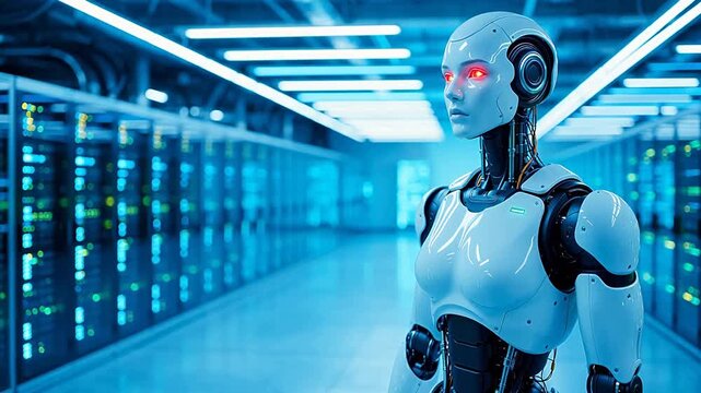 Futuristic female robot in server room