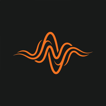 Abstract orange sound wave logo design on black background.