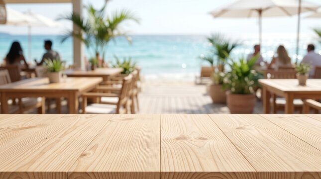 Empty wooden table foreground with a blurred background of a tropical beach restaurant, people dining under umbrellas by the turquoise ocean.