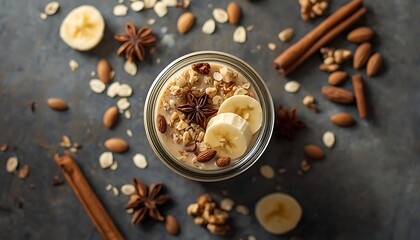 Fototapeta premium A creamy oatmeal dessert topped with banana slices almonds cinnamon sticks and star anise on a rustic dark surface
