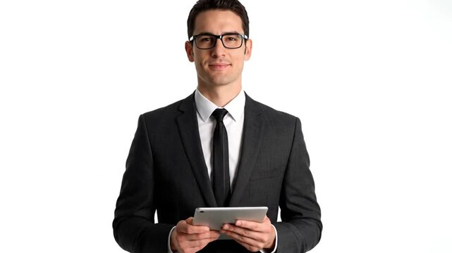 Smiling young businessman in suit and glasses using digital tablet and looking at camera on white background.