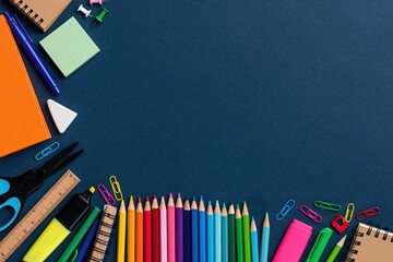 Fototapeta premium School supplies and stationery with pencils pens notebooks scissors ruler and clips
