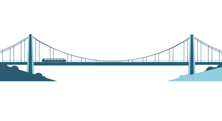 Fototapeta premium Modern Suspension Bridge with Bus Crossing, Vector Illustration, Flat Design