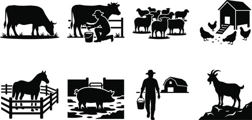 Farm animals and livestock silhouette icons set featuring cattle milking sheep chickens horse pig and goat vector illustration © Miss