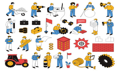 Fototapeta premium Construction Worker Icon Set of Maintenance Tools, Machinery Operation, Surveying, and Building Tasks in Isometric Minimal 3d Styl