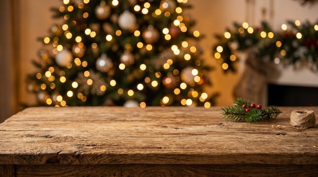 A rustic wooden table in the foreground with a pine sprig and twine, set against a blurred background of a glowing Christmas tree with warm lights.
