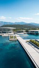 Obraz premium Modern luxury resort with wooden piers over crystal clear turquoise tropical sea tropical vacation turquoise paradise architecture destination landscape coastline building structure