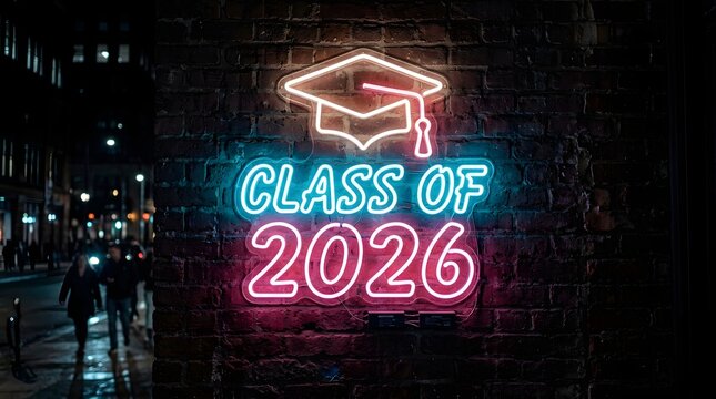 Neon sign displaying class of 2026 on a dark brick wall background at night