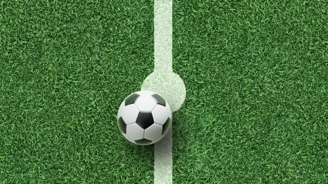 3D soccer ball on green grass field at center line with kickoff spot and side camera pan as a seamless loop, sport football background with copy space for game day broadcast 16:9