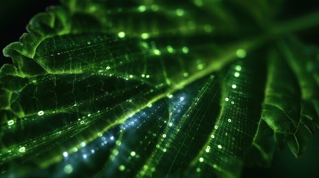Close up of a green leaf with digital data overlay