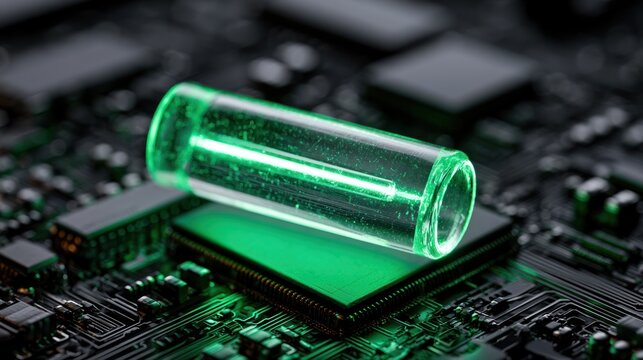 Glowing green cylinder on computer circuit board