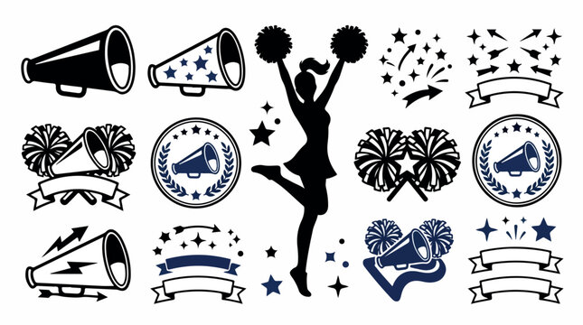 Cheerleading vector set with silhouettes and megaphones, cheer dance icons with pom poms and stars, athletic spirit squad graphics for sports events