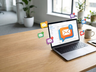 Fototapeta premium Email marketing and digital communication concept with unread message badges, Business inbox overload and newsletter subscription visualization on computer screen.