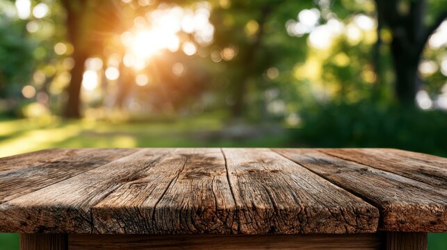Wooden table in a sunlit park