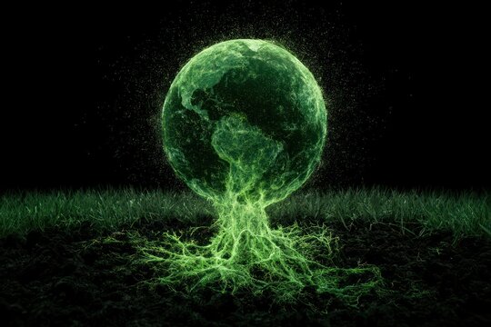 Glowing earth with roots and grass