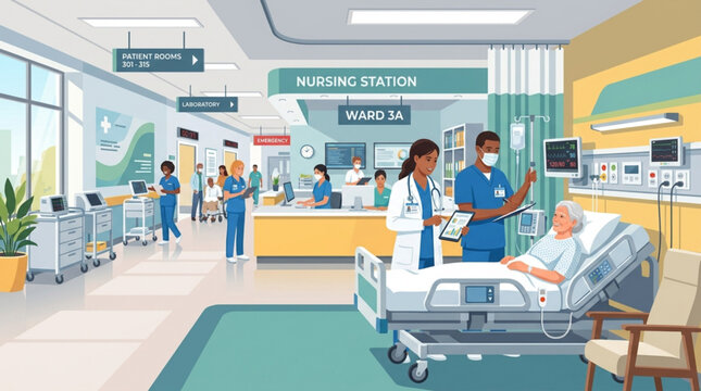 Hospital ward with doctor nurse