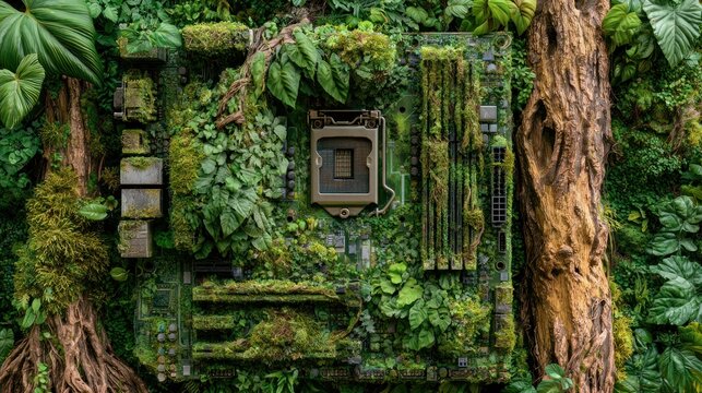 Motherboard overgrown with lush green forest vegetation
