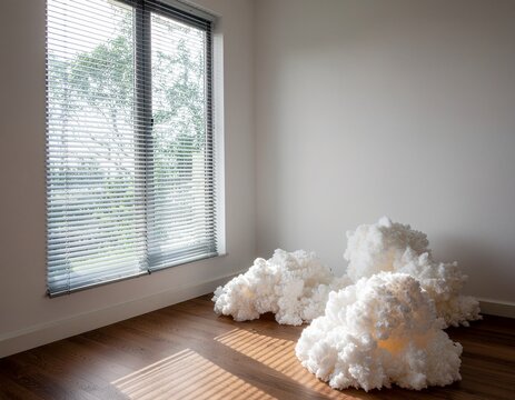 Modern Minimalist Room with Cloud Sculptures and Natural Light