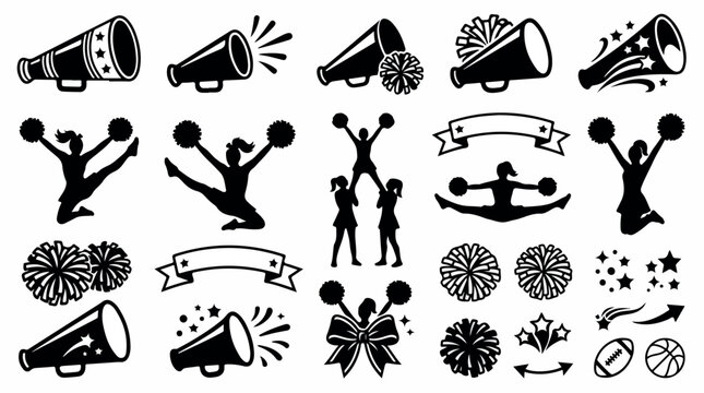 Cheerleading silhouette icons set, black cheerleader girl figures with pom poms and megaphones, sports team spirit vector graphics for school branding
