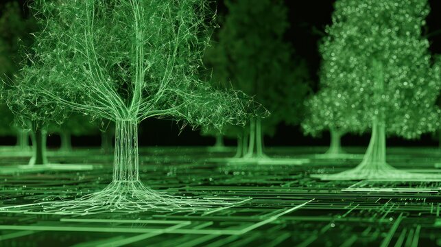 Digital trees with glowing circuits and roots