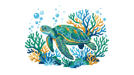 Fototapeta premium Sea Turtle and Coral Reef Vector Illustration