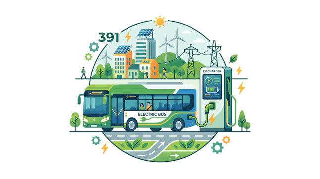 Electric Bus Charging Station with Renewable Energy and Cityscape Illustration