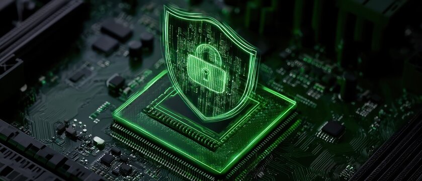 Digital security shield with padlock on circuit board