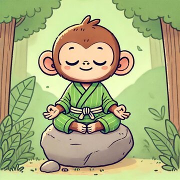 Cute cartoon monkey meditating on a rock in the jungle