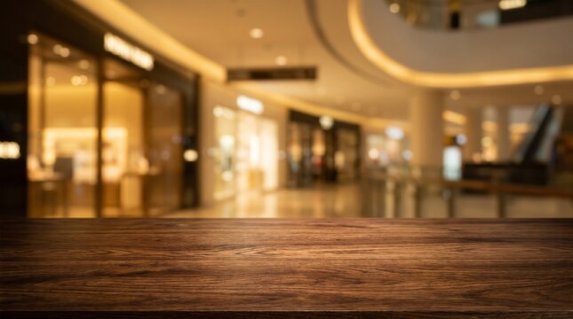 A dark, polished wooden tabletop in the foreground with a warm, blurred luxury shopping mall interior in the background.
