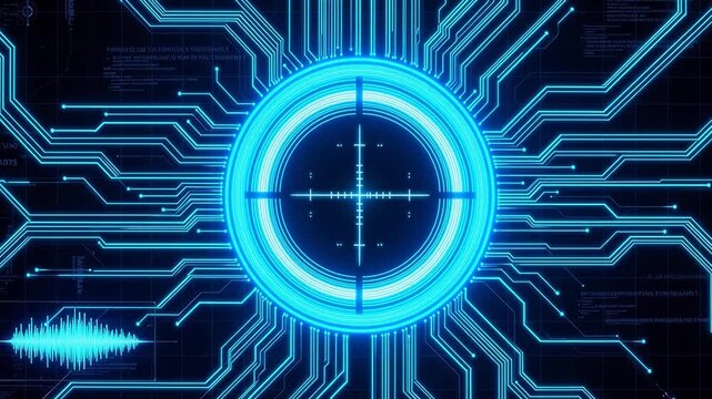 Blue neon circuit board with target