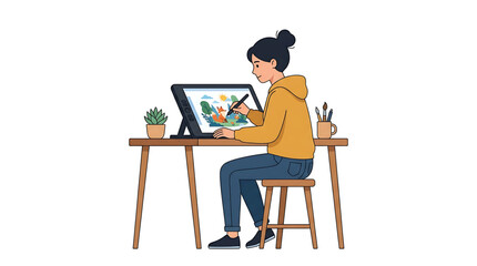 Fototapeta premium Young woman artist drawing a fox illustration on a digital graphic tablet