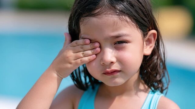 Little Girl Rubbing Irritated Red Eyes After Swimming in Pool