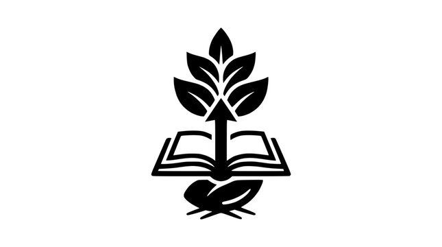Conceptual education logo featuring an open book with a growing plant and upward arrow