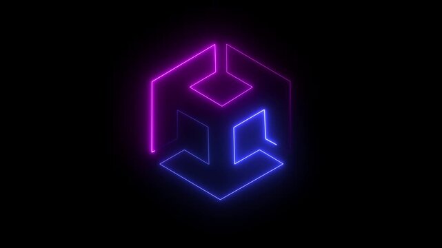 Glowing Blue and pink Neon Abstract Geometric Cube Logo Animation on Black Background Futuristic Technology Loop 4K