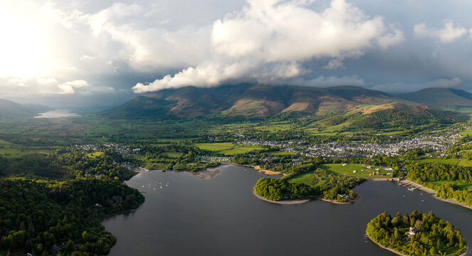 Aerial panoramic landscape of Keswick town and Derwentwater lake in the English Lake District