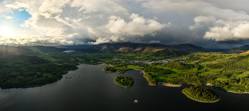 Aerial panoramic landscape of Keswick town and Derwentwater lake in the English Lake District