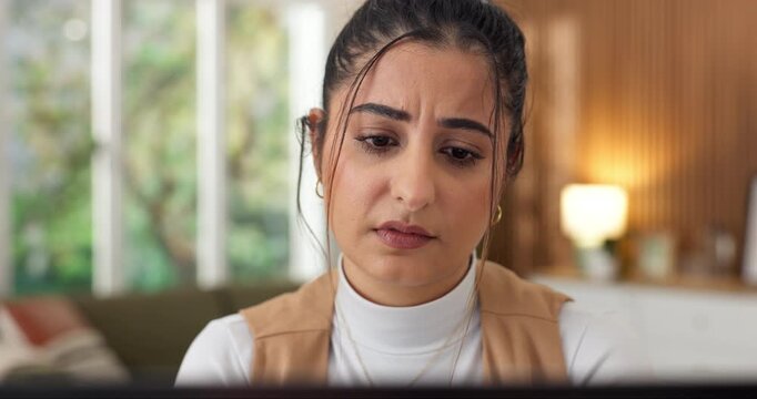 Reading, woman and confused with computer in home for proofreading, grammar mistake or remote work. Freelancer, person and puzzled with pc for story rejection, copywriting error and publication issue