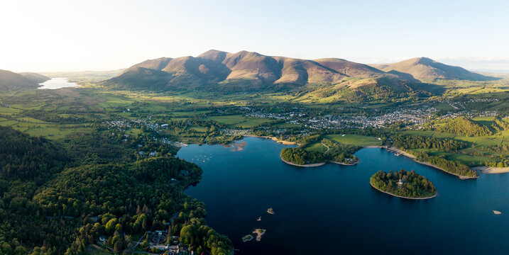 Aerial panoramic landscape of Keswick town and Derwentwater lake in the English Lake District