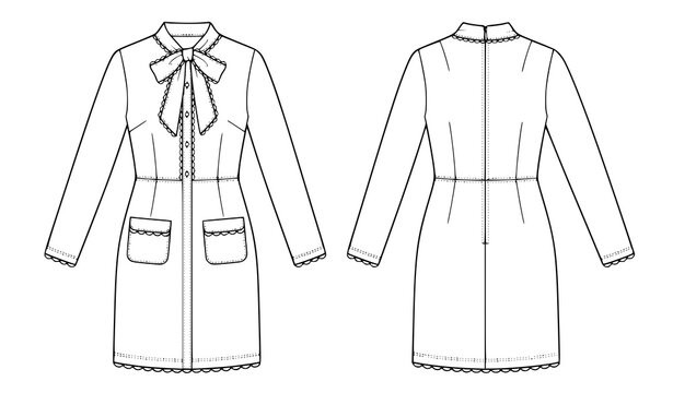 Women Long Sleeve Dress Front and Back View Fashion Technical Sketch
