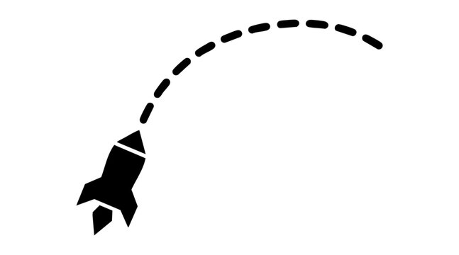 Minimalist black vector graphic illustration depicting a rocket ship launching along a dashed curved trajectory path
