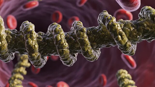 Ebola virus filaments shown in 3D animation, elongated virions causing Ebola virus disease, a severe viral haemorrhagic fever affecting humans and primates.